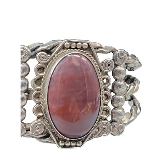 Agate Sterling Silver Open Cuff Bracelet Red Cabachon Detailed 925 Design SZ 6 - Picture 6 of 16